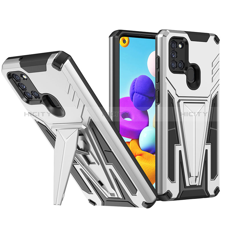 Coque Contour Silicone et Plastique Housse Etui Mat avec Support MQ1 pour Samsung Galaxy A21 Argent Plus