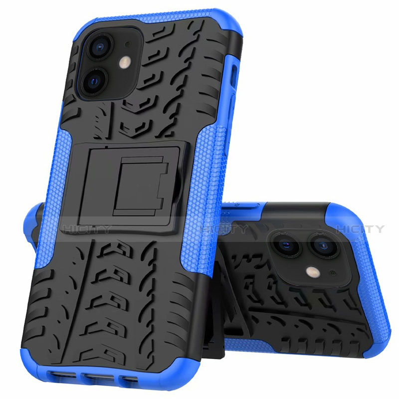 Coque Contour Silicone et Plastique Housse Etui Mat avec Support pour Apple iPhone 12 Mini Bleu Plus