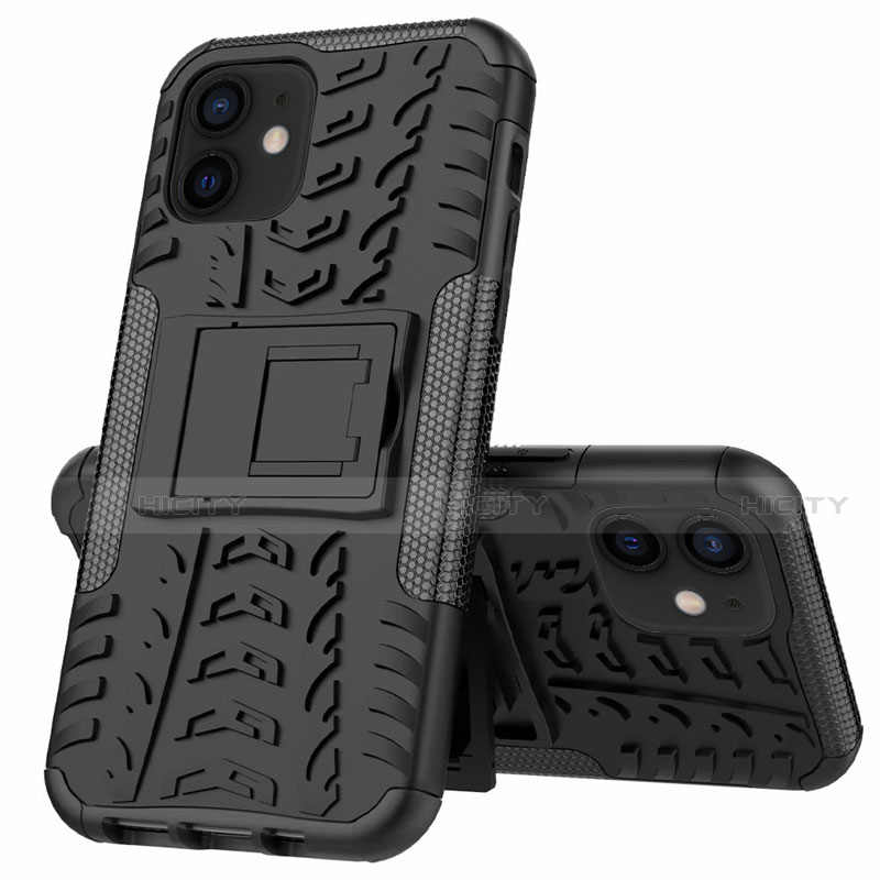 Coque Contour Silicone et Plastique Housse Etui Mat avec Support pour Apple iPhone 12 Mini Noir Plus