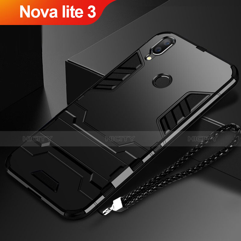 Coque Contour Silicone et Plastique Housse Etui Mat avec Support pour Huawei Nova Lite 3 Noir Plus