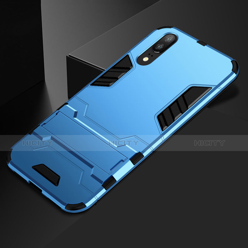 Coque Contour Silicone et Plastique Housse Etui Mat avec Support pour Huawei P20 Bleu Ciel Plus