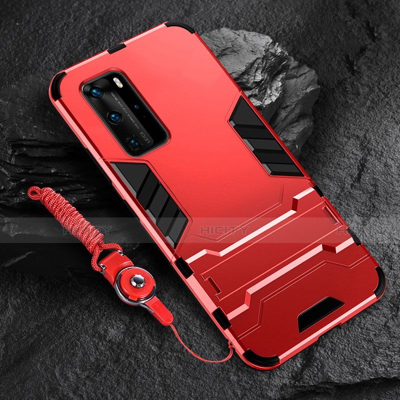 Coque Contour Silicone et Plastique Housse Etui Mat avec Support pour Huawei P40 Pro Rouge Plus