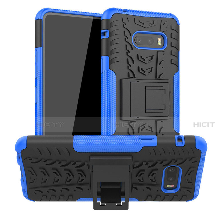 Coque Contour Silicone et Plastique Housse Etui Mat avec Support pour LG G8X ThinQ Bleu Plus