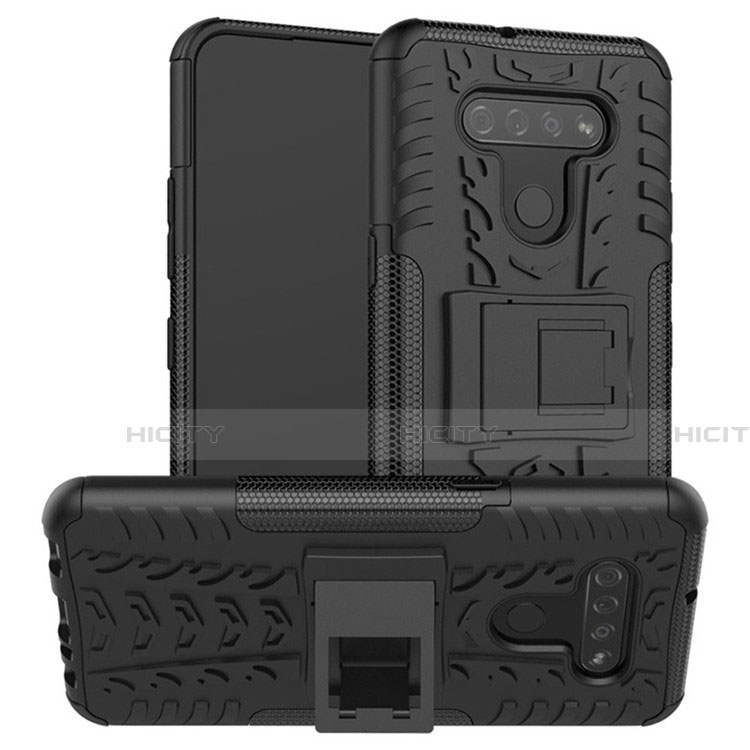 Coque Contour Silicone et Plastique Housse Etui Mat avec Support pour LG K51 Noir Plus