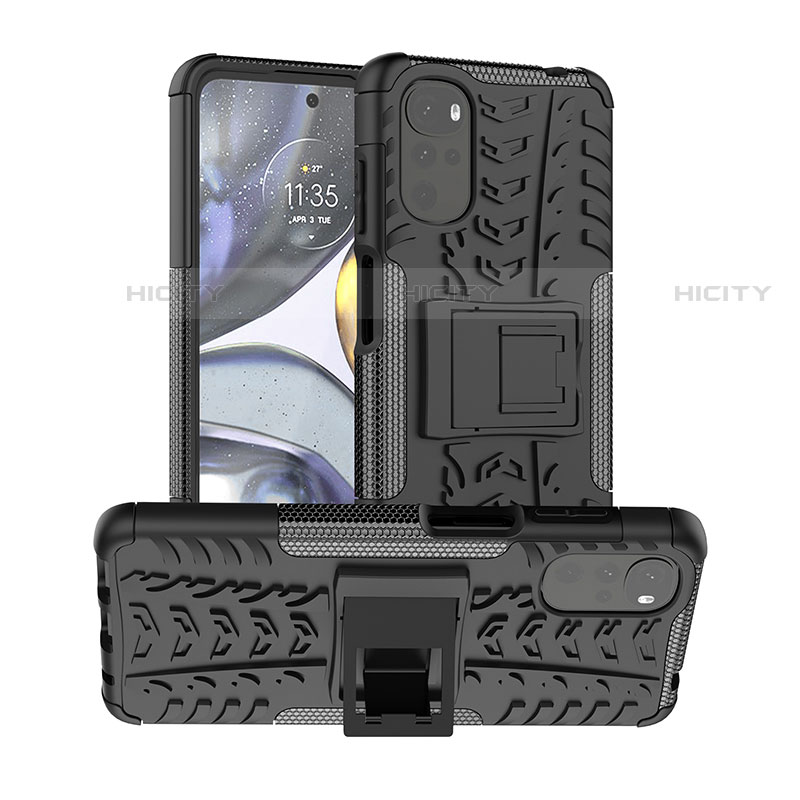 Coque Contour Silicone et Plastique Housse Etui Mat avec Support pour Motorola Moto G22 Noir Plus