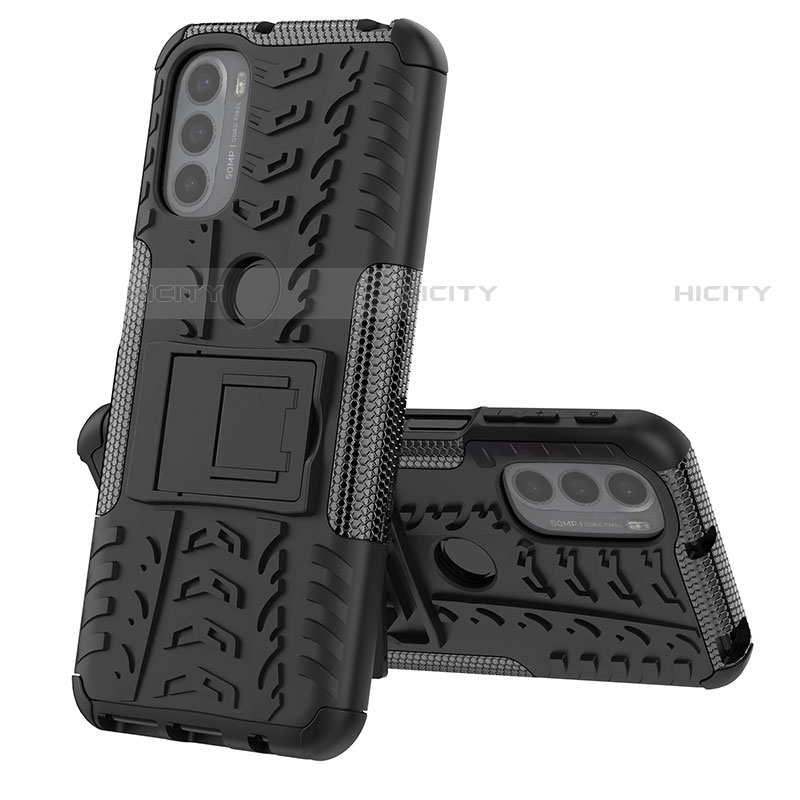 Coque Contour Silicone et Plastique Housse Etui Mat avec Support pour Motorola Moto G41 Noir Plus