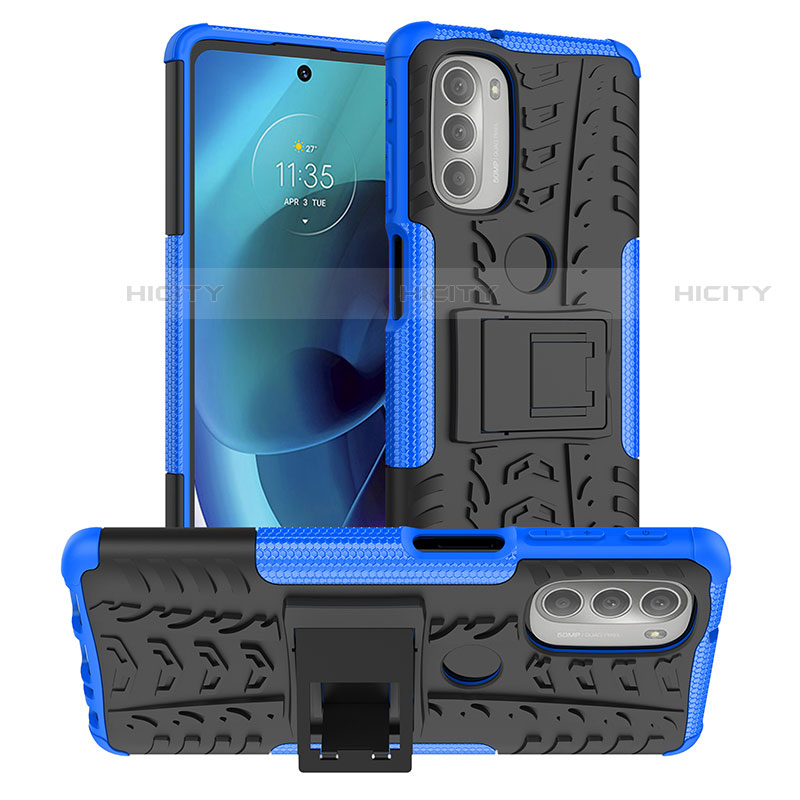 Coque Contour Silicone et Plastique Housse Etui Mat avec Support pour Motorola Moto G51 5G Bleu Plus