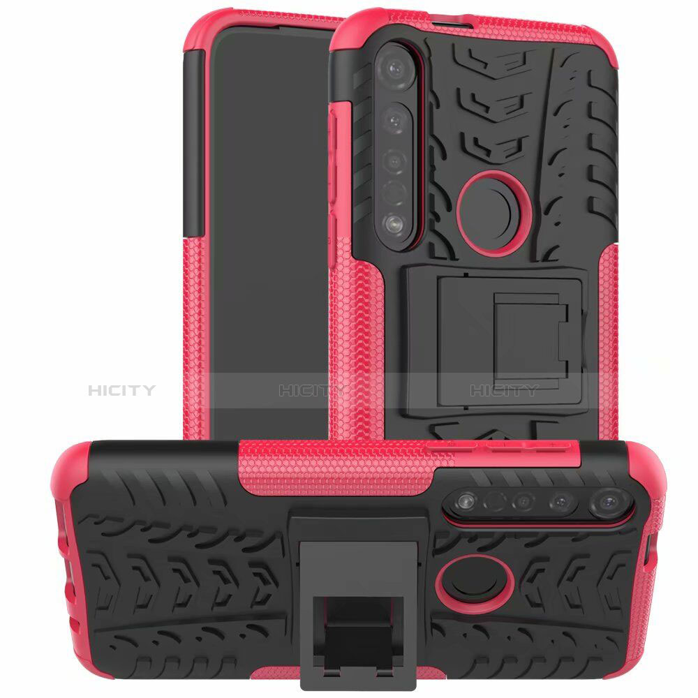 Coque Contour Silicone et Plastique Housse Etui Mat avec Support pour Motorola Moto G8 Plus Rose Rouge Plus