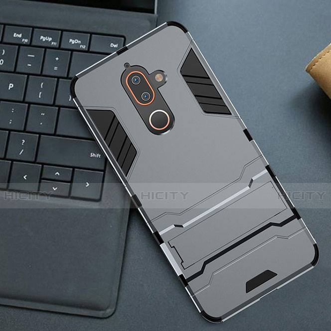 Coque Contour Silicone et Plastique Housse Etui Mat avec Support pour Nokia 7 Plus Gris Plus