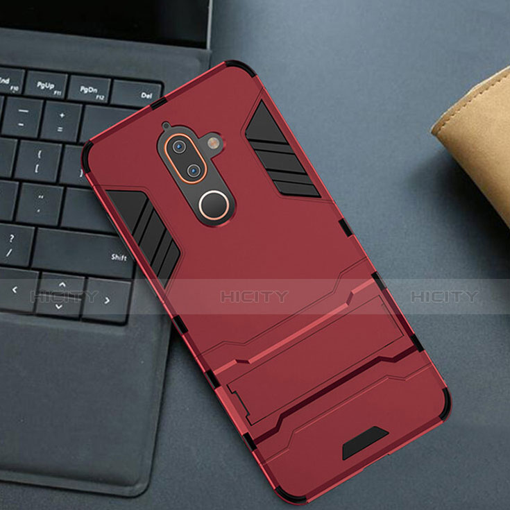 Coque Contour Silicone et Plastique Housse Etui Mat avec Support pour Nokia 7 Plus Rouge Plus