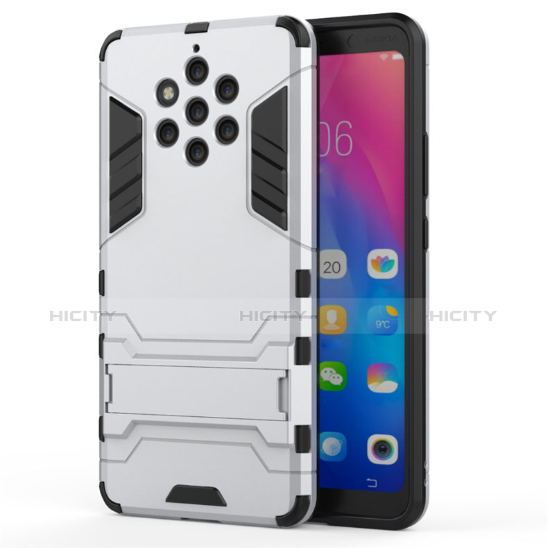 Coque Contour Silicone et Plastique Housse Etui Mat avec Support pour Nokia 9 PureView Blanc Plus