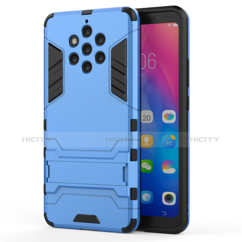 Coque Contour Silicone et Plastique Housse Etui Mat avec Support pour Nokia 9 PureView Bleu Ciel Plus