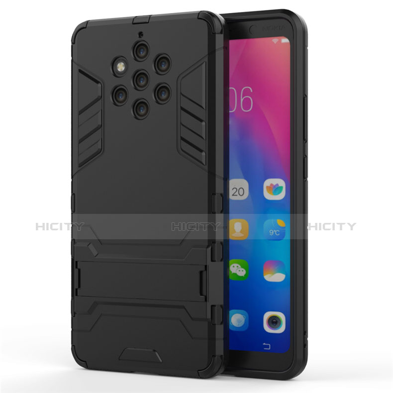 Coque Contour Silicone et Plastique Housse Etui Mat avec Support pour Nokia 9 PureView Noir Plus