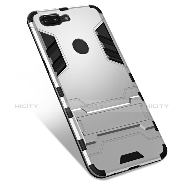 Coque Contour Silicone et Plastique Housse Etui Mat avec Support pour OnePlus 5T A5010 Argent Plus