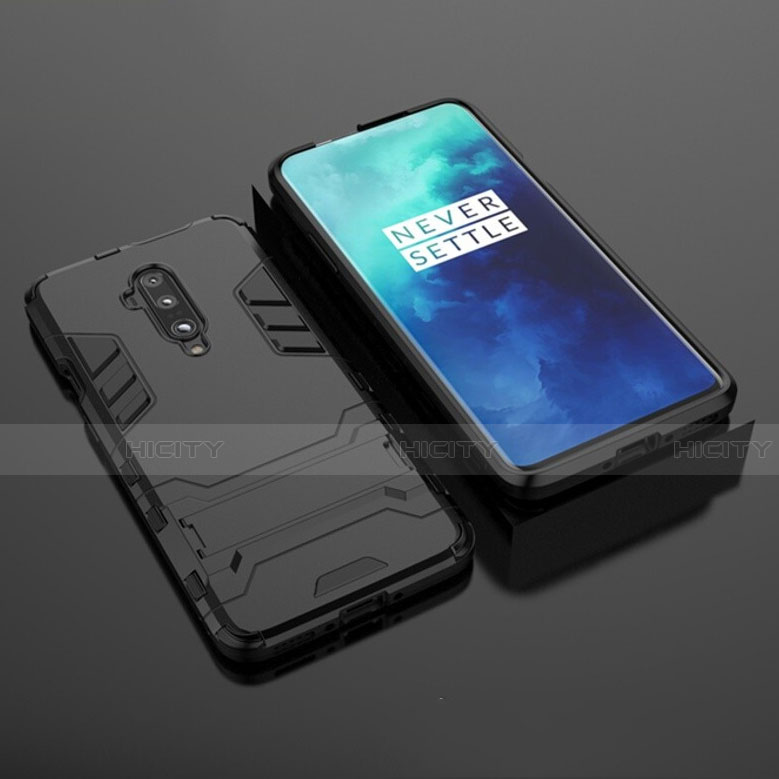 Coque Contour Silicone et Plastique Housse Etui Mat avec Support pour OnePlus 7T Pro 5G Noir Plus