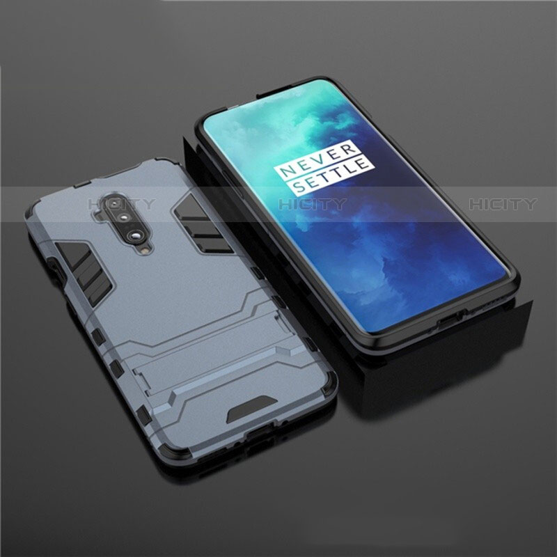 Coque Contour Silicone et Plastique Housse Etui Mat avec Support pour OnePlus 7T Pro Bleu Plus