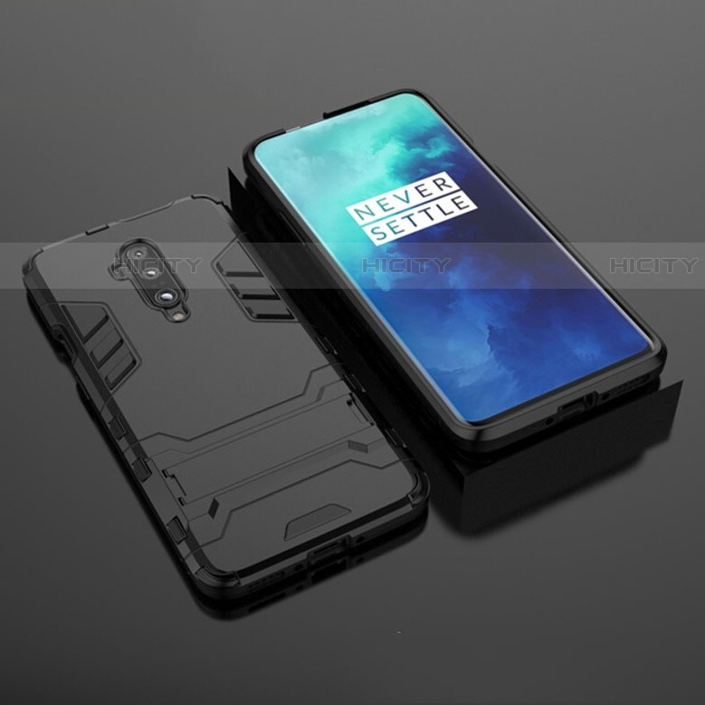 Coque Contour Silicone et Plastique Housse Etui Mat avec Support pour OnePlus 7T Pro Noir Plus