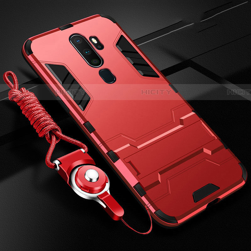 Coque Contour Silicone et Plastique Housse Etui Mat avec Support pour Oppo A9 (2020) Rouge Plus