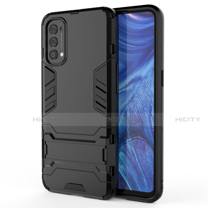 Coque Contour Silicone et Plastique Housse Etui Mat avec Support pour Oppo Reno4 4G Noir Plus