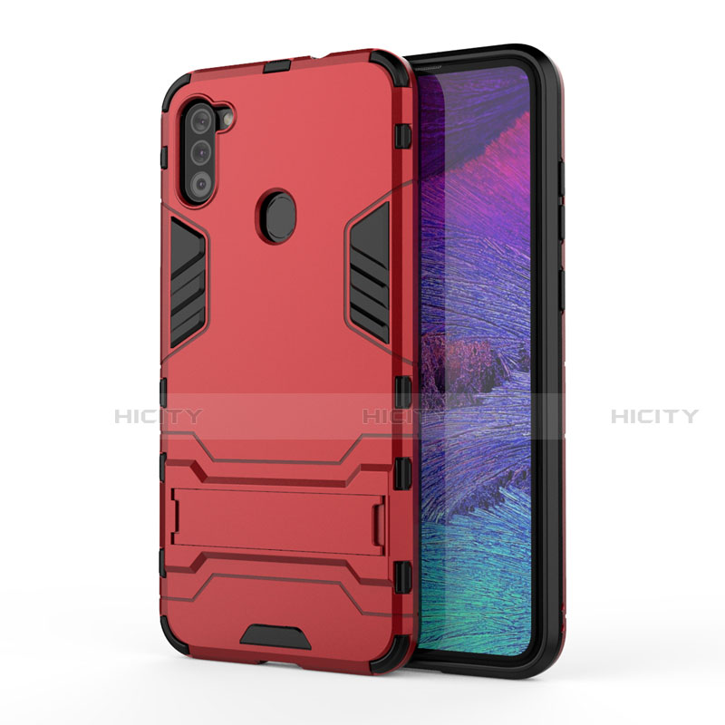 Coque Contour Silicone et Plastique Housse Etui Mat avec Support pour Samsung Galaxy A11 Rouge Plus