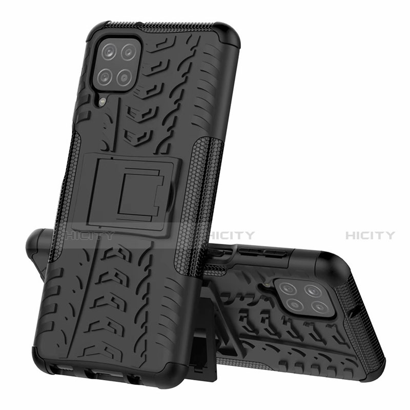 Coque Contour Silicone et Plastique Housse Etui Mat avec Support pour Samsung Galaxy A12 Noir Plus