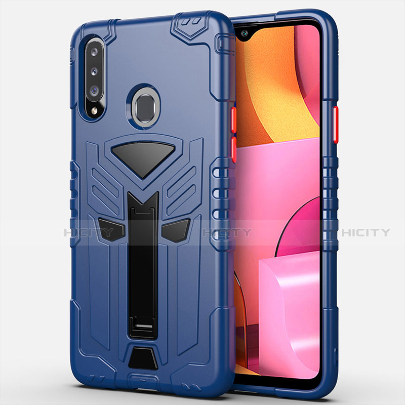 Coque Contour Silicone et Plastique Housse Etui Mat avec Support pour Samsung Galaxy A20s Bleu Plus