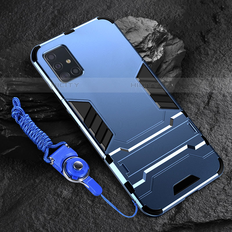 Coque Contour Silicone et Plastique Housse Etui Mat avec Support pour Samsung Galaxy A71 5G Bleu Plus