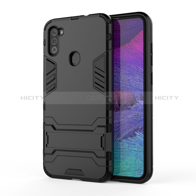 Coque Contour Silicone et Plastique Housse Etui Mat avec Support pour Samsung Galaxy M11 Noir Plus