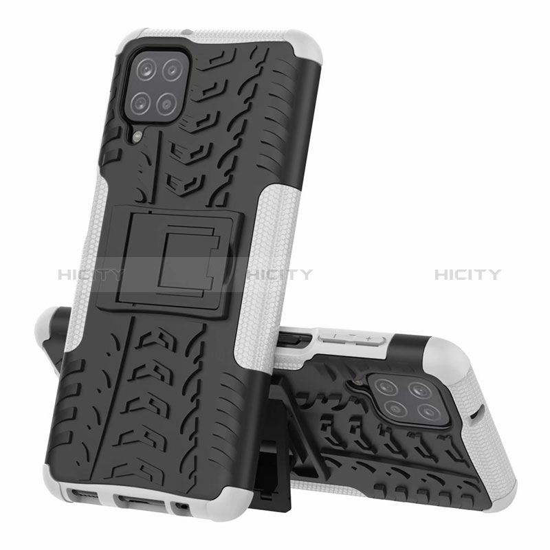 Coque Contour Silicone et Plastique Housse Etui Mat avec Support pour Samsung Galaxy M12 Blanc Plus