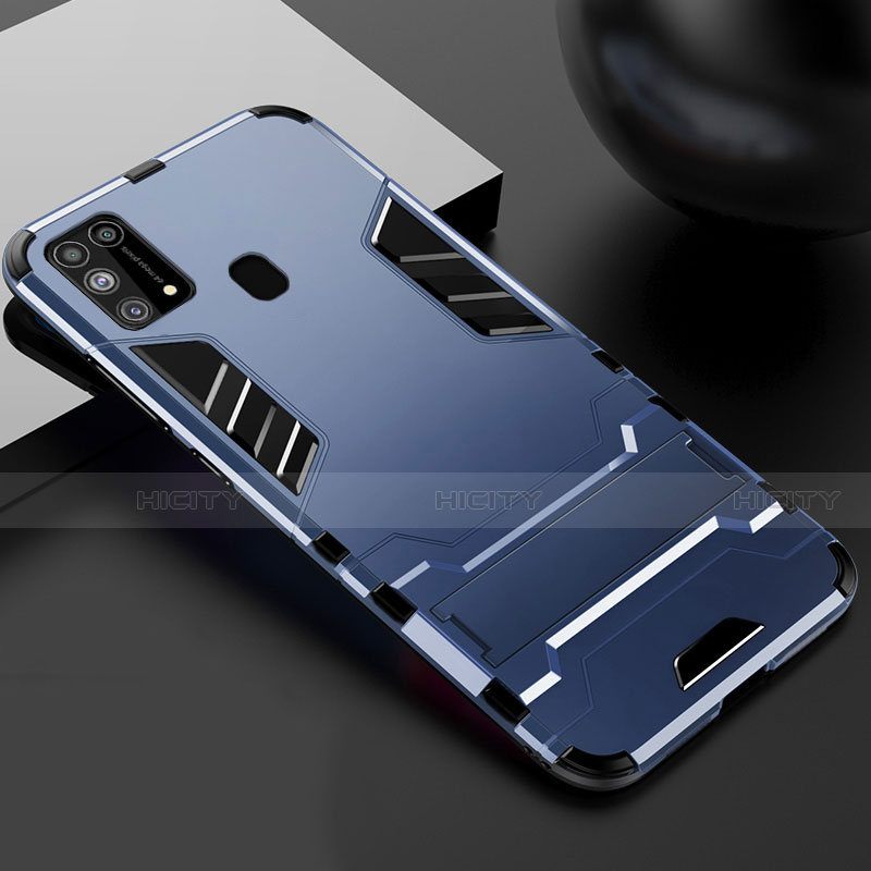 Coque Contour Silicone et Plastique Housse Etui Mat avec Support pour Samsung Galaxy M21s Bleu Plus