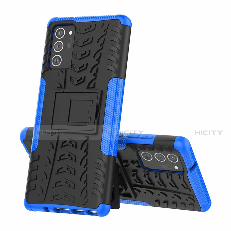 Coque Contour Silicone et Plastique Housse Etui Mat avec Support pour Samsung Galaxy Note 20 5G Bleu Plus