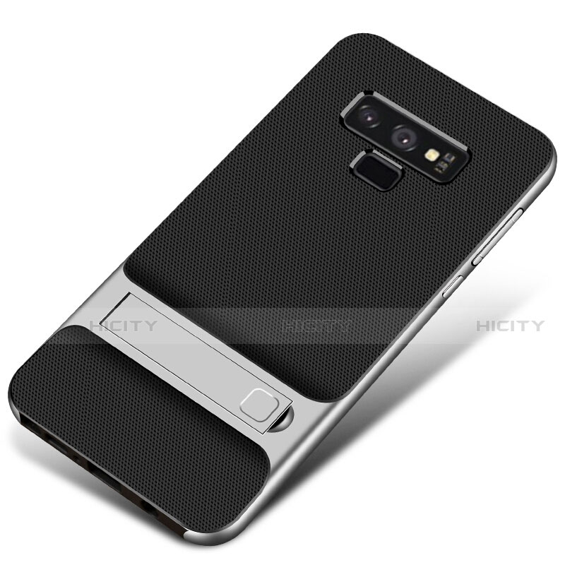 Coque Contour Silicone et Plastique Housse Etui Mat avec Support pour Samsung Galaxy Note 9 Argent Plus