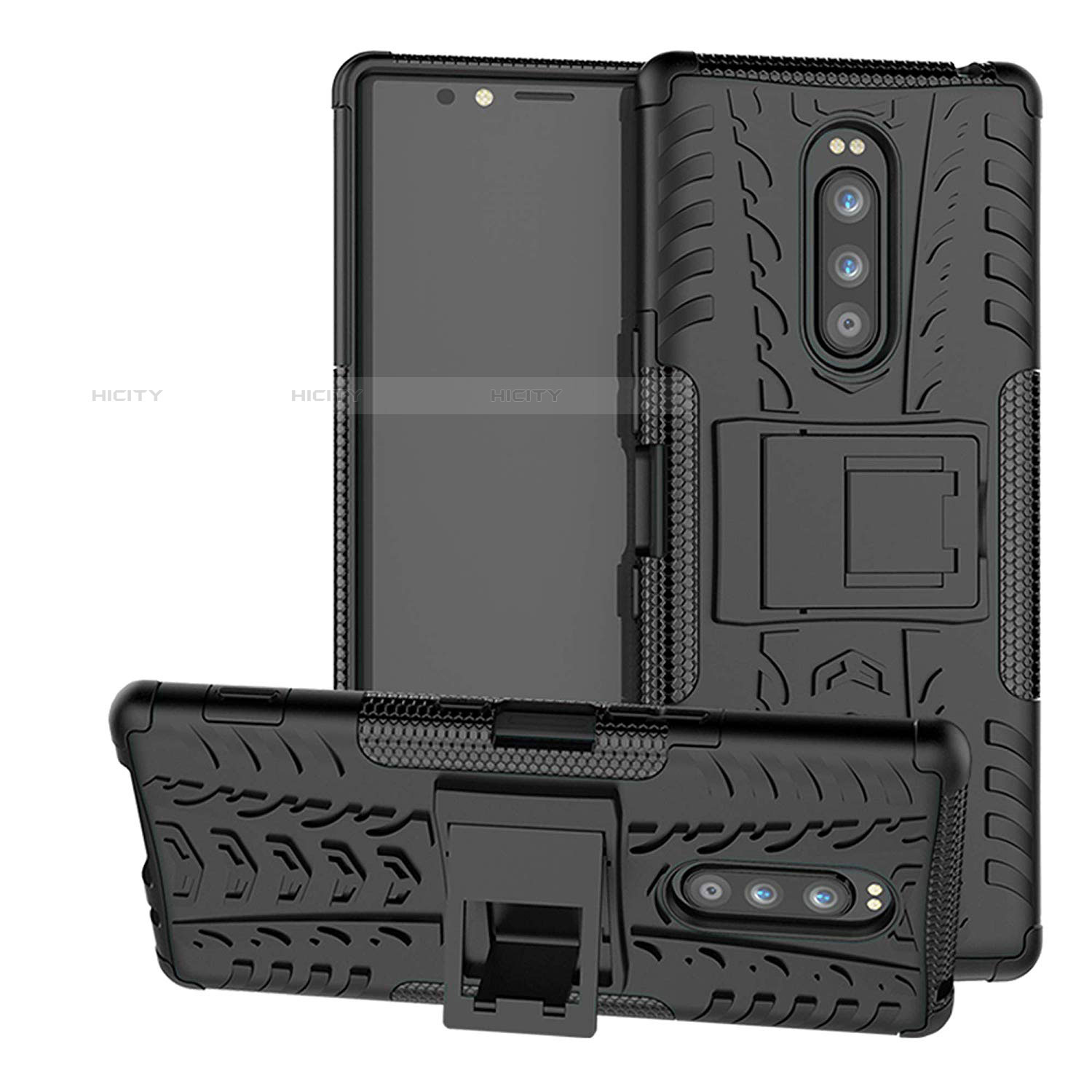 Coque Contour Silicone et Plastique Housse Etui Mat avec Support pour Sony Xperia 1 Noir Plus