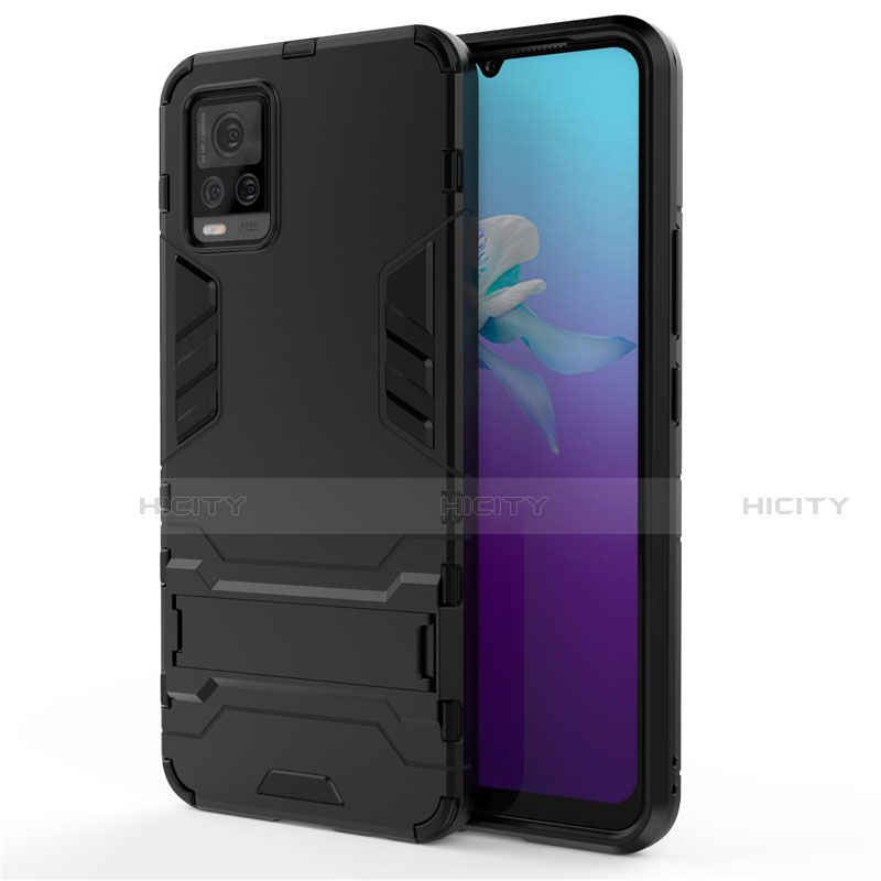 Coque Contour Silicone et Plastique Housse Etui Mat avec Support pour Vivo V20 Noir Plus