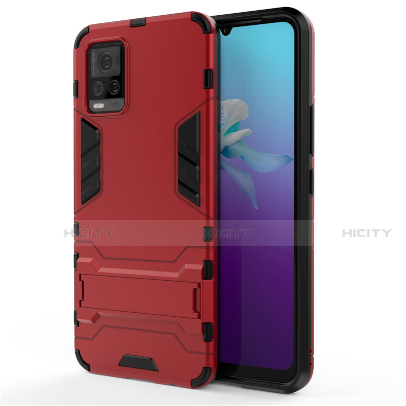 Coque Contour Silicone et Plastique Housse Etui Mat avec Support pour Vivo V20 Rouge Plus