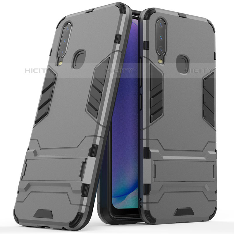 Coque Contour Silicone et Plastique Housse Etui Mat avec Support pour Vivo Y12 Gris Plus