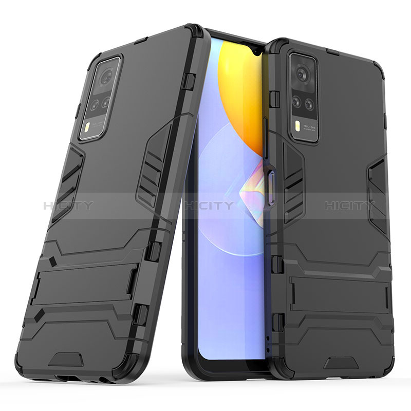 Coque Contour Silicone et Plastique Housse Etui Mat avec Support pour Vivo Y31 (2021) Noir Plus