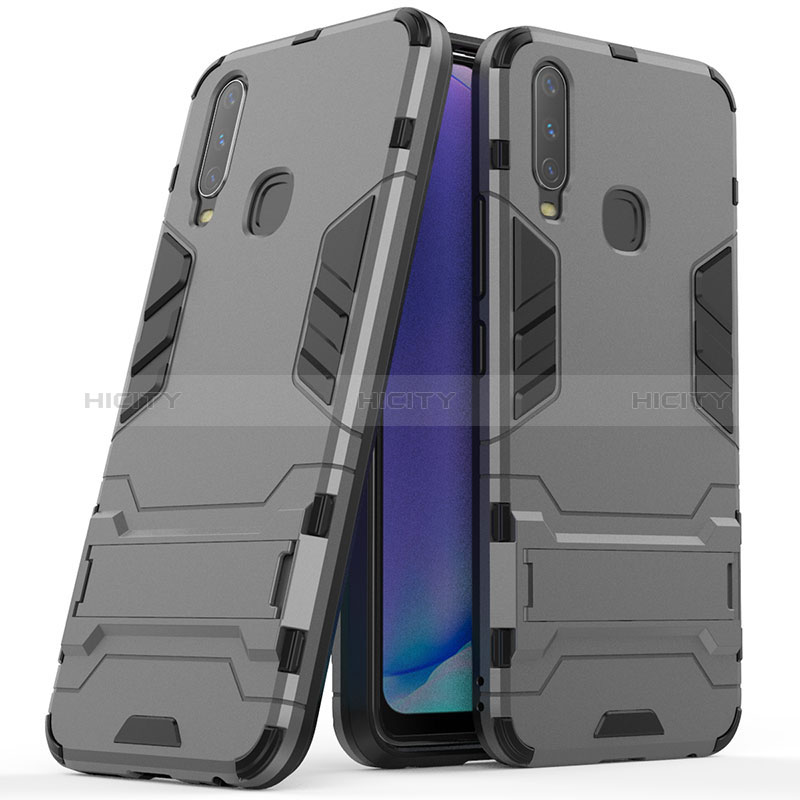 Coque Contour Silicone et Plastique Housse Etui Mat avec Support pour Vivo Y3s Gris Plus