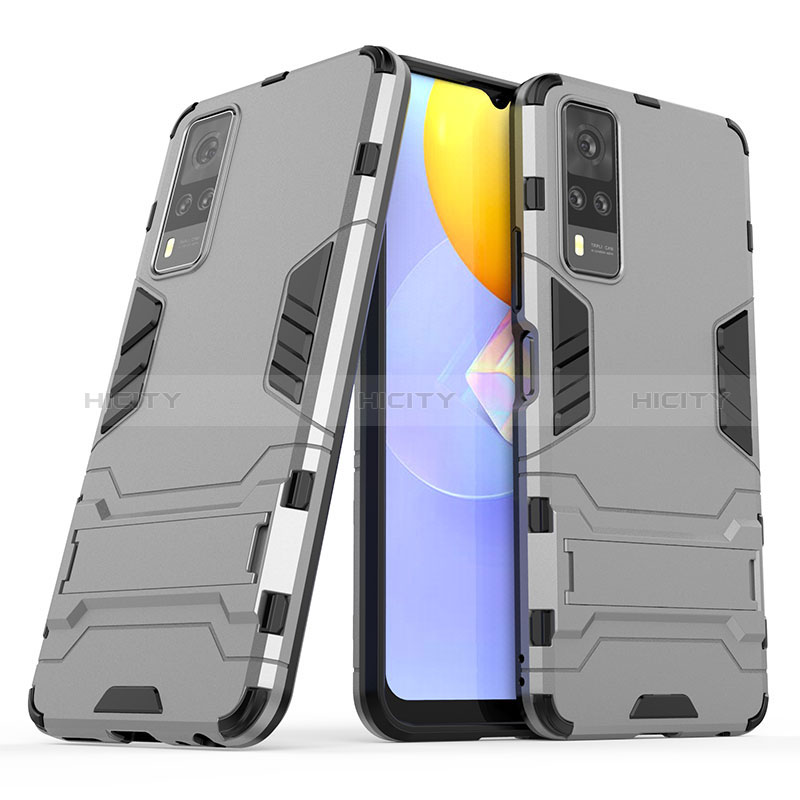 Coque Contour Silicone et Plastique Housse Etui Mat avec Support pour Vivo Y53s 4G Gris Plus