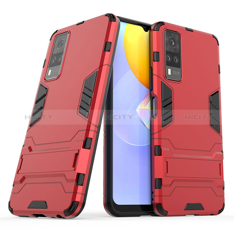 Coque Contour Silicone et Plastique Housse Etui Mat avec Support pour Vivo Y53s 4G Rouge Plus