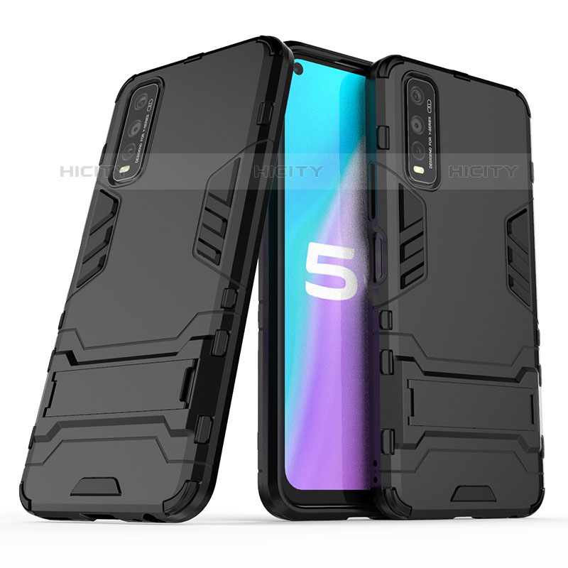 Coque Contour Silicone et Plastique Housse Etui Mat avec Support pour Vivo Y70S 5G Noir Plus