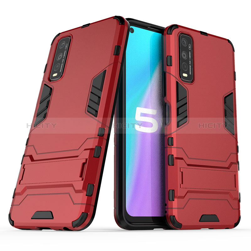 Coque Contour Silicone et Plastique Housse Etui Mat avec Support pour Vivo Y70t 5G Rouge Plus