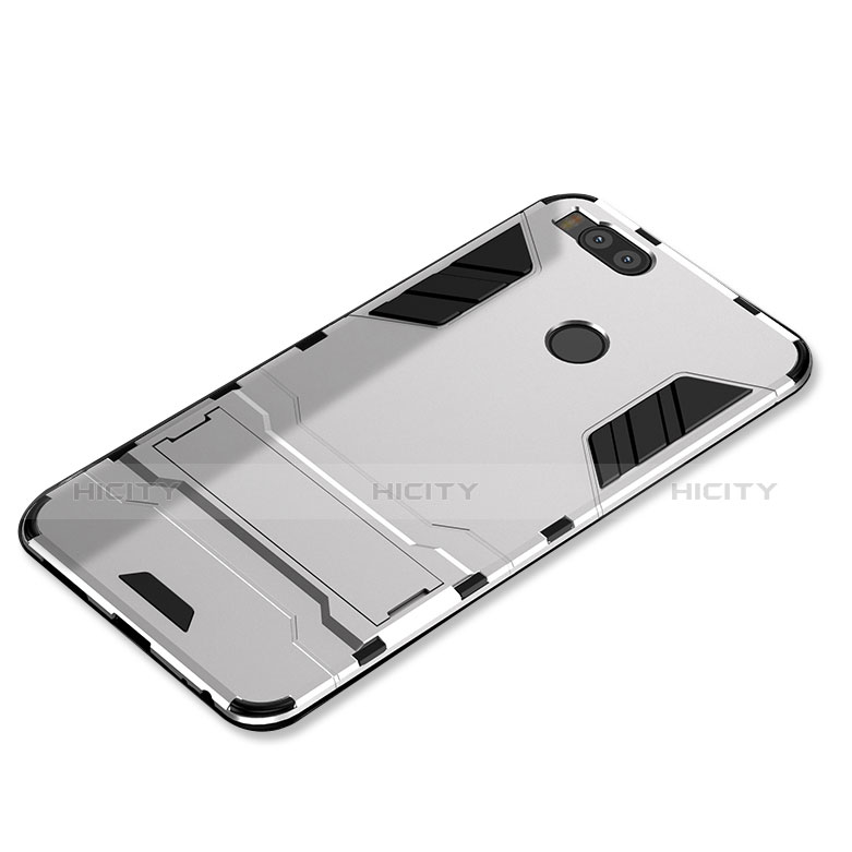 Coque Contour Silicone et Plastique Housse Etui Mat avec Support pour Xiaomi Mi 5X Argent Plus