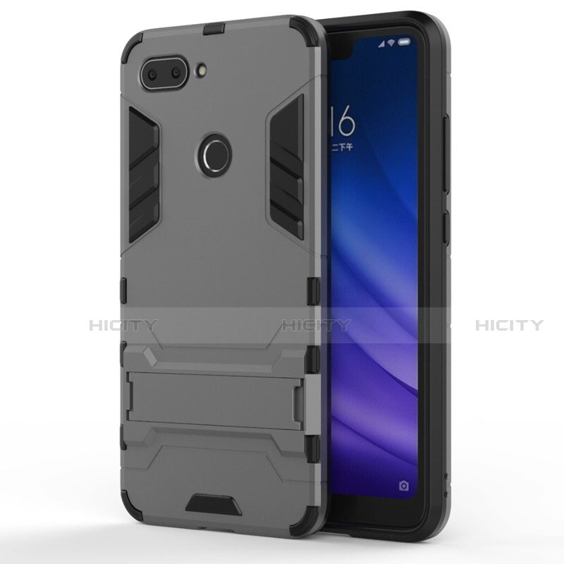 Coque Contour Silicone et Plastique Housse Etui Mat avec Support pour Xiaomi Mi 8 Lite Gris Plus