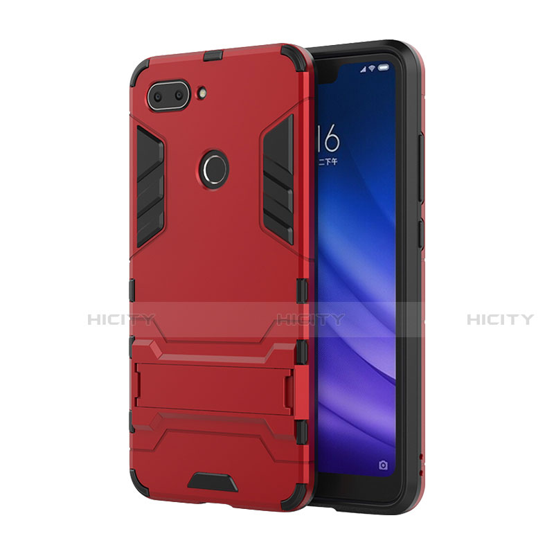 Coque Contour Silicone et Plastique Housse Etui Mat avec Support pour Xiaomi Mi 8 Lite Rouge Plus