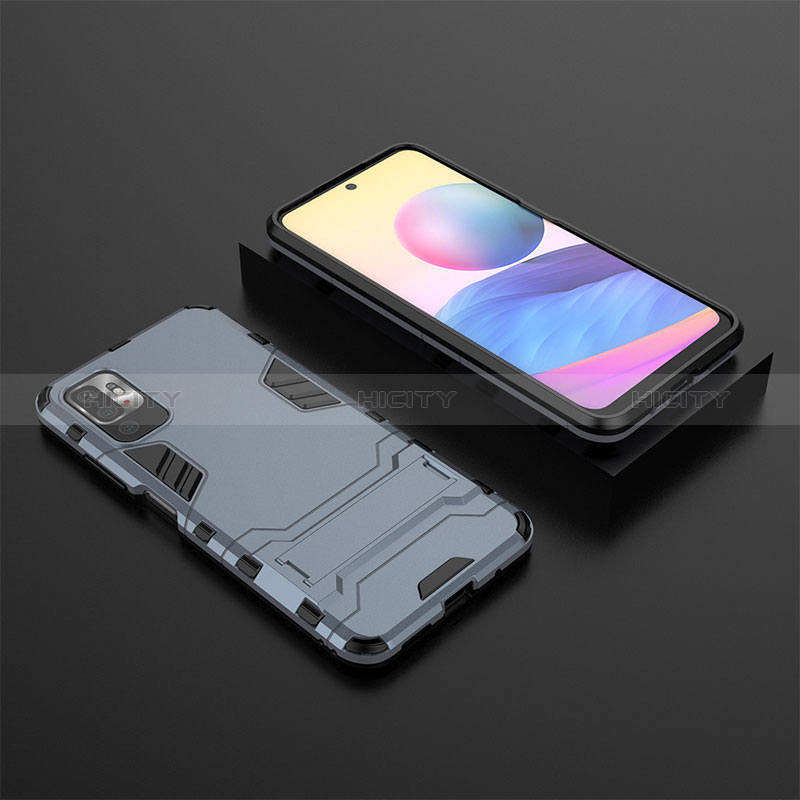 Coque Contour Silicone et Plastique Housse Etui Mat avec Support pour Xiaomi POCO M3 Pro 5G Bleu Plus