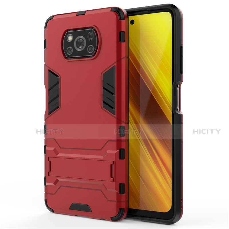 Coque Contour Silicone et Plastique Housse Etui Mat avec Support pour Xiaomi Poco X3 NFC Rouge Plus