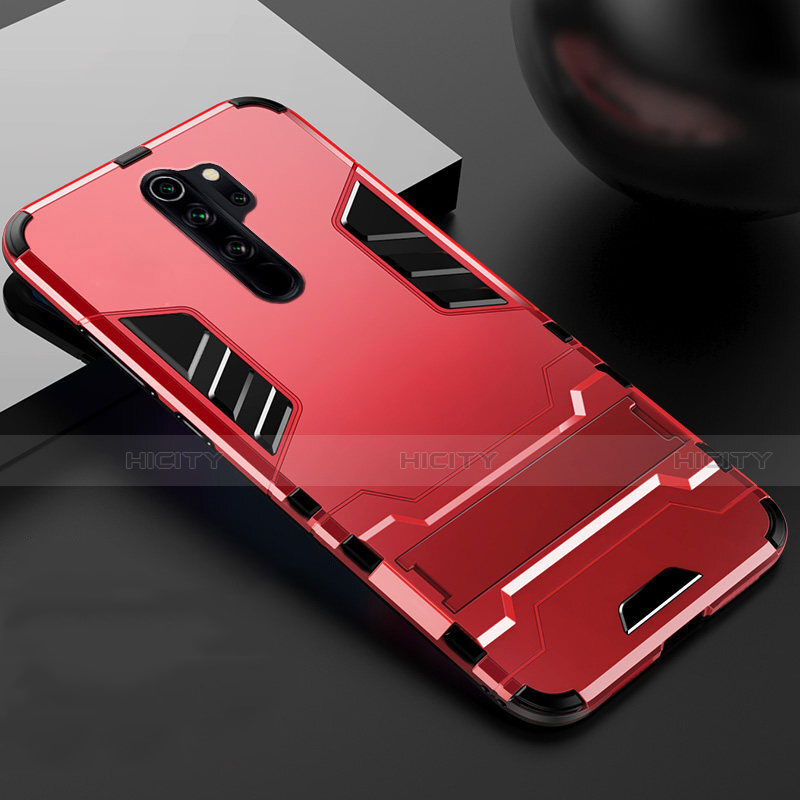 Coque Contour Silicone et Plastique Housse Etui Mat avec Support pour Xiaomi Redmi Note 8 Pro Rouge Plus