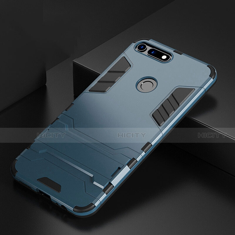 Coque Contour Silicone et Plastique Housse Etui Mat avec Support R01 pour Huawei Honor V20 Bleu Plus