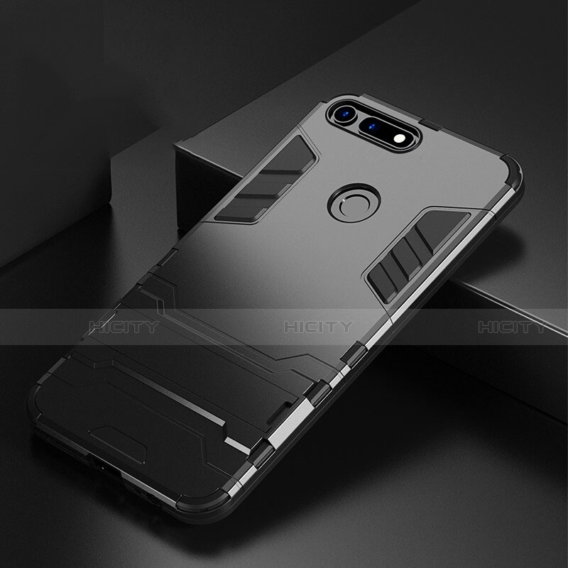 Coque Contour Silicone et Plastique Housse Etui Mat avec Support R01 pour Huawei Honor V20 Noir Plus